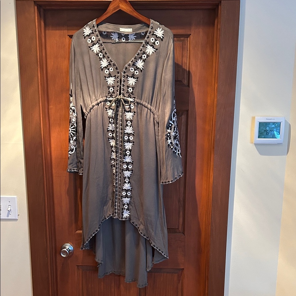 Olive Green Boho Dress with White Embroidery